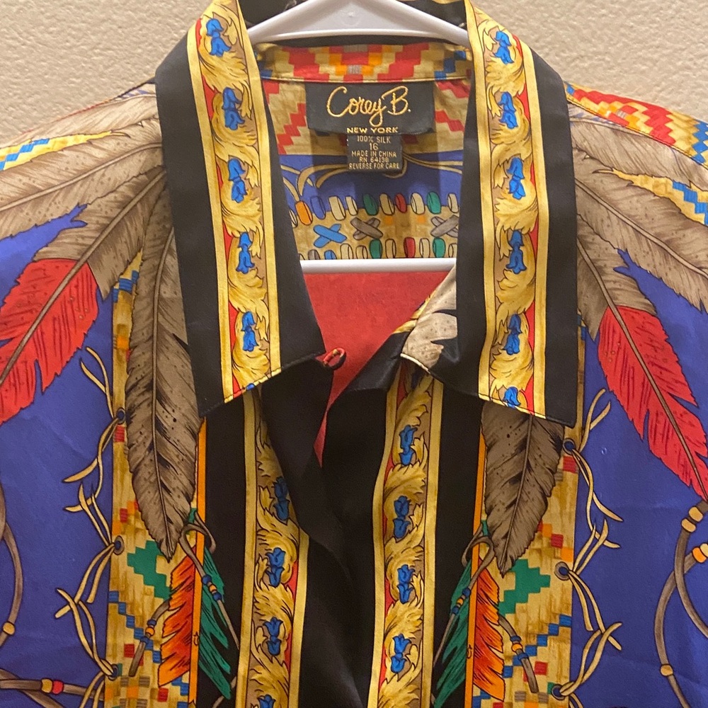Cory B New York Native American print silk shirt size large - Picture 2 of 11